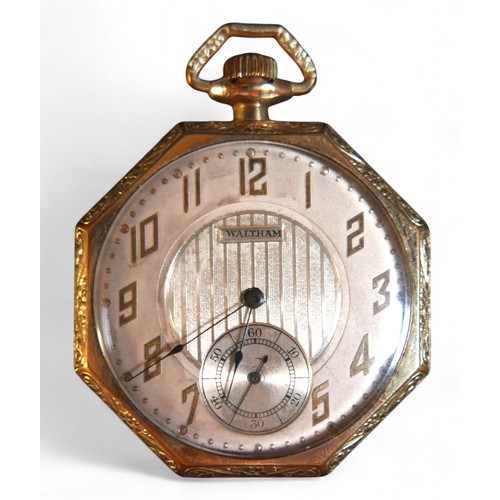 101 - A Waltham gold plated octagonal pocket watch, top wind 15 jewel movement, 42mm case, running.