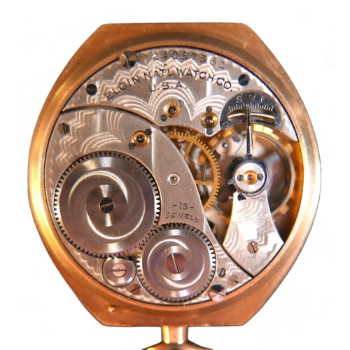 117 - A gold plated Elgin G Washington pocket watch with RAF engraving, 42mm cushion case, top wind 15 jew... 