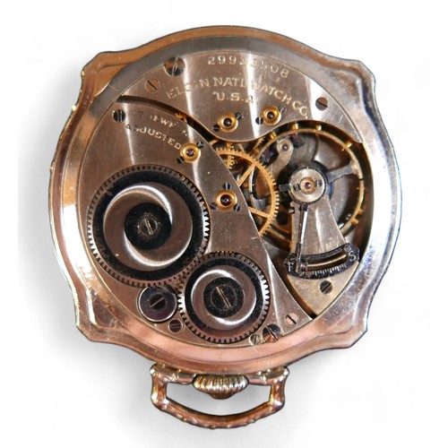 103 - An Elgin cushion shaped pocket watch, 44.5cm case, top wind 17 jewel movement no 29913508, running.