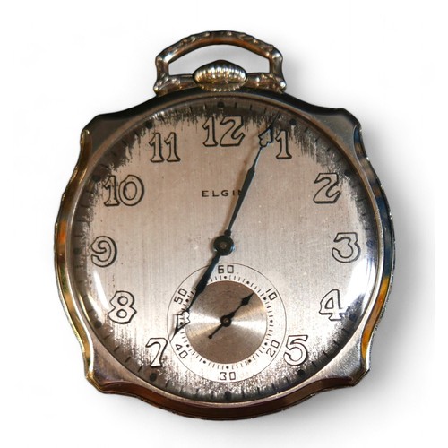 103 - An Elgin cushion shaped pocket watch, 44.5cm case, top wind 17 jewel movement no 29913508, running.