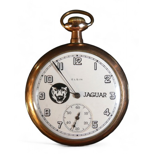 109 - A gold plated Elgin pocket watch, 45mm case, top wind movement no 26567637, enamel Jaguar dial with ... 