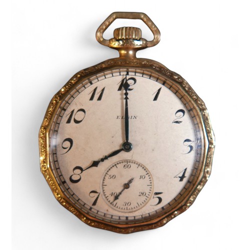 110 - A gold plated Elgin pocket watch, 43mm case, top wind 15 jewel movement, silvered dial with secondar... 