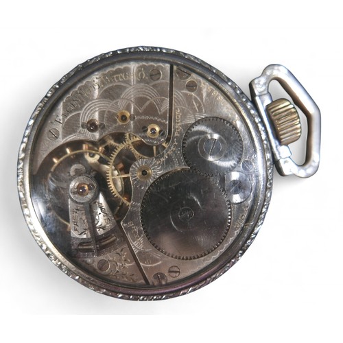 105 - An Elgin pocket watch, 50mm case, side wind 15 jewel exposed movement, enamel dial with secondary di... 