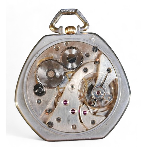 106 - A longines presentation pocket watch and a cushion shaped pocket watch, Longines 43mm case, top wind... 