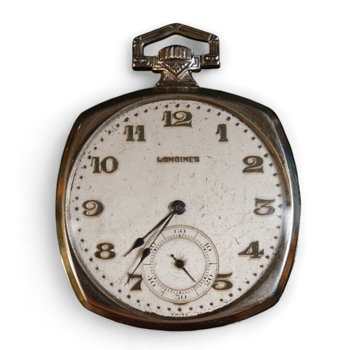 106 - A longines presentation pocket watch and a cushion shaped pocket watch, Longines 43mm case, top wind... 