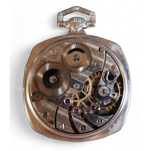 106 - A longines presentation pocket watch and a cushion shaped pocket watch, Longines 43mm case, top wind... 