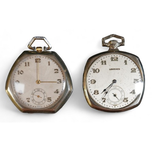 106 - A longines presentation pocket watch and a cushion shaped pocket watch, Longines 43mm case, top wind... 