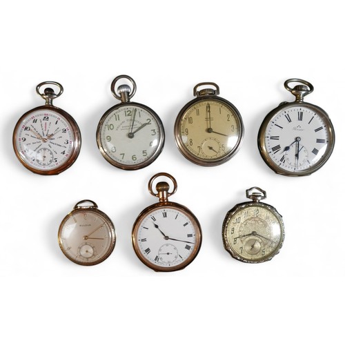 115 - An unusual time zone pocket watch and six others, including Bulova and Railway time keeper. Time zon... 