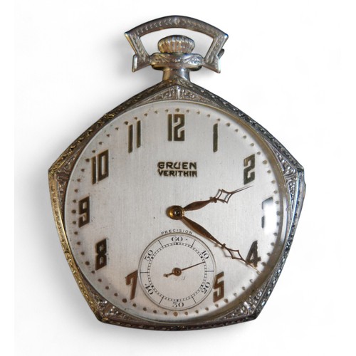 107 - A Bruen cushion shaped pocket watch, 44.5mm case, top wind 17 jewel movement no 546160, silvered dia... 