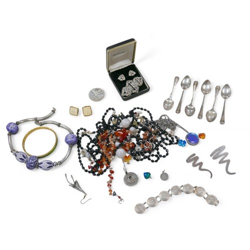 80 - A collection of silver and costume jewellery, earrings necklaces, together with six silver teaspoons... 