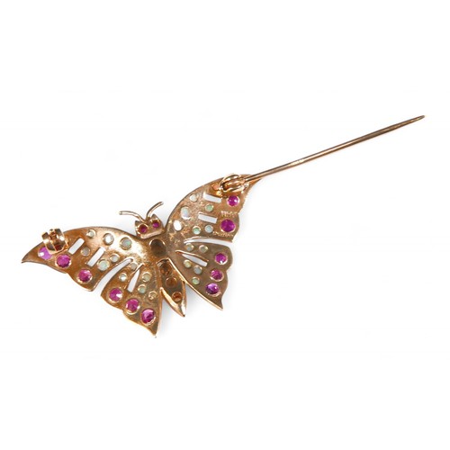 22 - A 9ct gold opal and ruby stone butterfly brooch, 4.1 by 2.3cm, 4.9g.