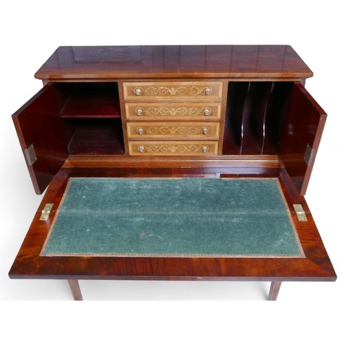 354 - A 19th century style mahogany with satinwood inlaid escritoire, with a central bank of four drawers ... 