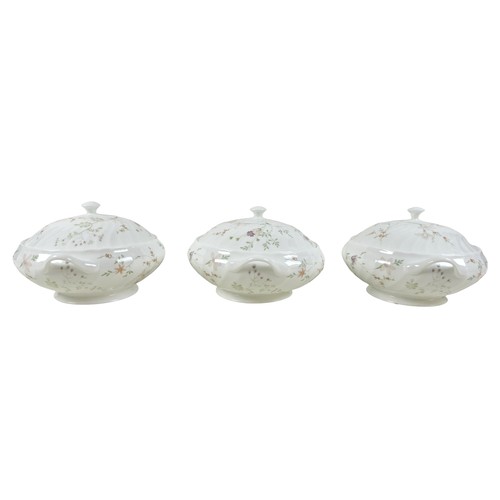 143 - Three Wedgwood bone china Campion lidded tureens, 25 by 20 by 14cm high.