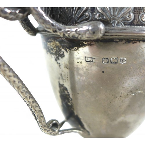 94 - A George V silver lidded twin handle cup, Mappin and Webb Sheffield 1931/32, the lid having a pineap... 