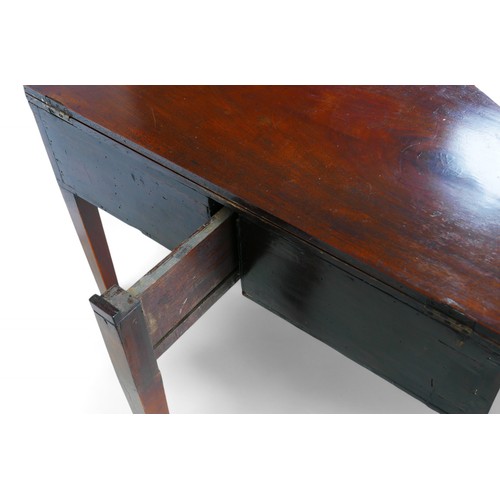 341 - A George III mahogany fold over demi lune table, with a double tambour frieze on square tapering leg... 