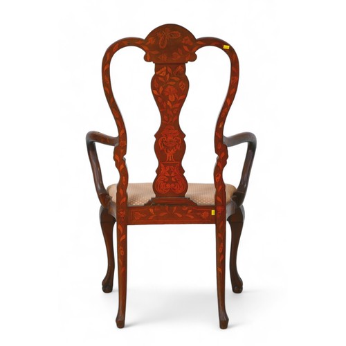 346 - An antique Dutch marquetry inlaid open armchair, with vase shaped splat on shaped legs with ball and... 