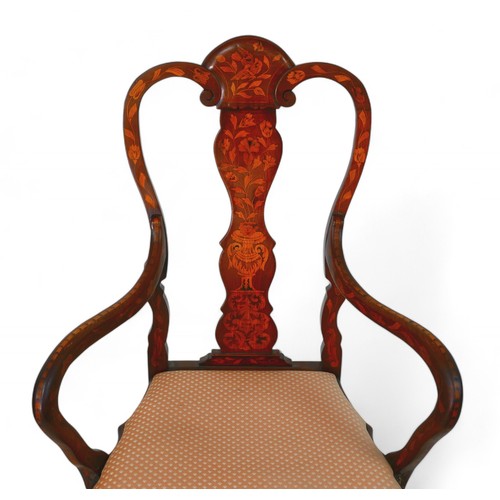 346 - An antique Dutch marquetry inlaid open armchair, with vase shaped splat on shaped legs with ball and... 