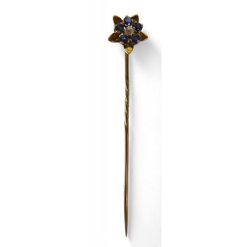 7 - Two sapphire and diamond stick pins, with yellow metal mounts, one stick pin with single diamond and... 