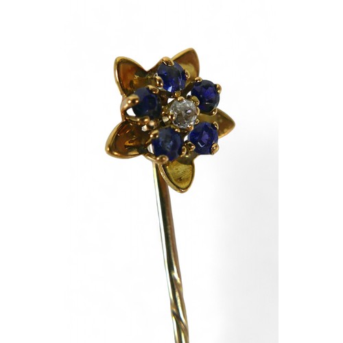 7 - Two sapphire and diamond stick pins, with yellow metal mounts, one stick pin with single diamond and... 