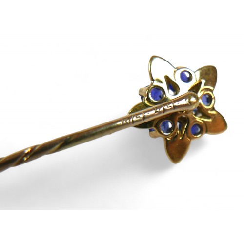 7 - Two sapphire and diamond stick pins, with yellow metal mounts, one stick pin with single diamond and... 