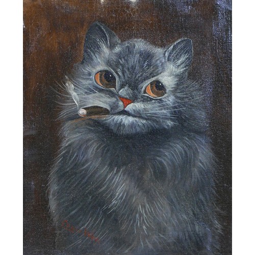 289 - Louis William Wain (British, 1860-1939): cat smoking cigar, oil on canvas, signed in red paint to lo... 