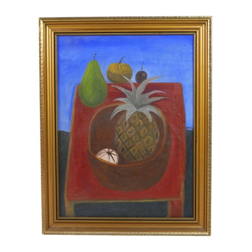 293 - Mary Fedden OBE R.A. PPRWA (1915-2012): a still life study of fruit, oil on canvas, 39 by 29cm, fram... 