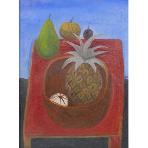 293 - Mary Fedden OBE R.A. PPRWA (1915-2012): a still life study of fruit, oil on canvas, 39 by 29cm, fram... 