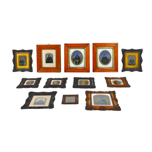 182 - Twelve mid to late 19th century Ambrotype portraits, three mounted within maple frames, largest an o... 