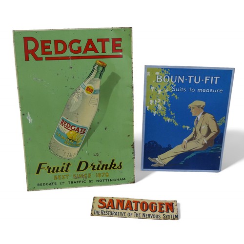 183 - Three vintage advertisement signs, comprising an enamel 'Redgate Fruit Drinks', 46.5 by 69cm, a meta... 