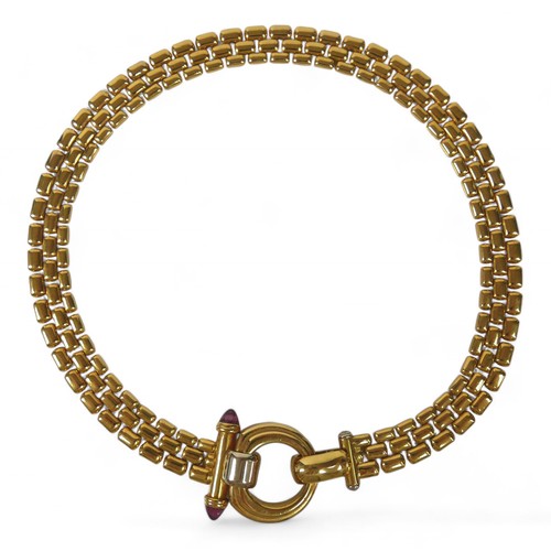 78 - A Signoretti 18ct gold necklace, of articulated brick pattern in three rows, with large hoop central... 