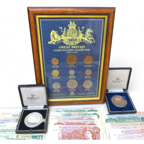 124 - A collection of British and foreign coins and banknotes. (1 box and a frame)