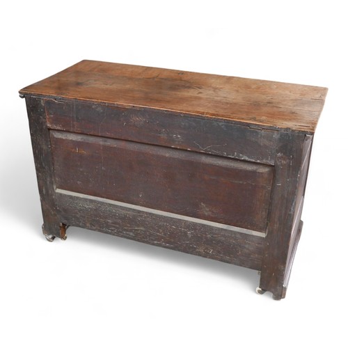 336 - An adapted 19th century oak mule chest, with panel cupboard doors, raised upon later castors, 118 by... 