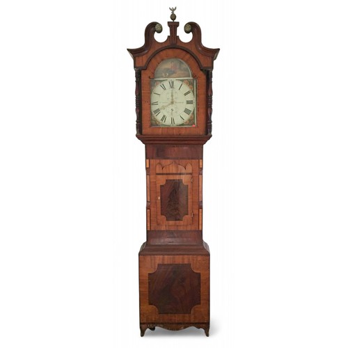 297 - A 19th century mahogany 30 hour long case clock by Thomas Sutton, with broken pediment swan necked s... 