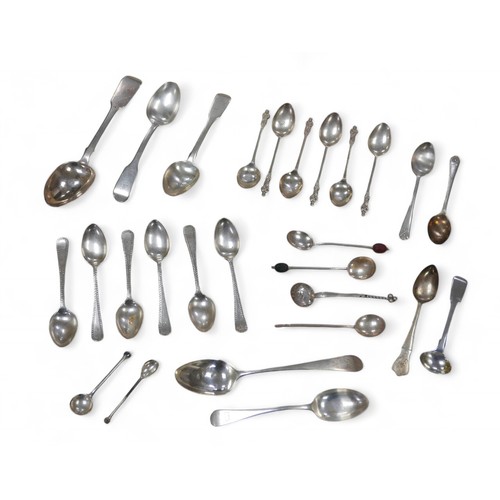 91 - A collection of George III and later silver spoons, including A George III teaspoon, 16.5cm long, ru... 