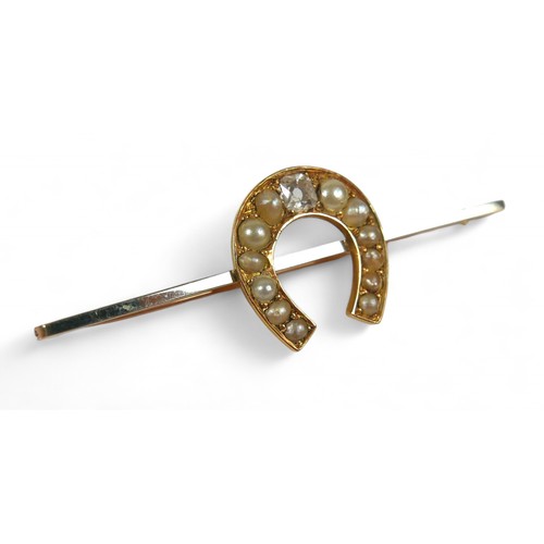 44 - An 18ct and 9ct diamond and pearl horseshoe bar brooch, cushion cut diamond 3 by 3mm, 4.8g, 5.8cm wi... 