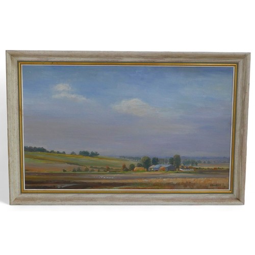 240 - Kathleen Sandbach (British, 20th century): Cambridgeshire landscape oil on board, signed, label vers... 