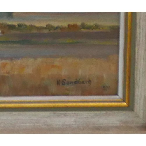 240 - Kathleen Sandbach (British, 20th century): Cambridgeshire landscape oil on board, signed, label vers... 