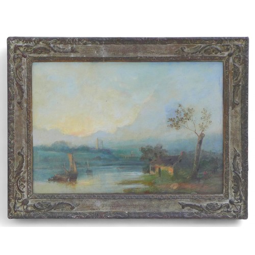 238 - British school (early 20th century): landscape with river and boats, unsigned, 34.5 by 50cm, framed,... 