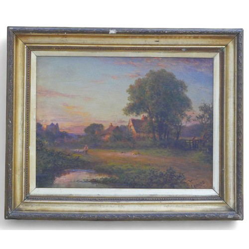 239 - L. Richards (British, late 19th/early 20th century): sunset over country scene with shepherd and his... 