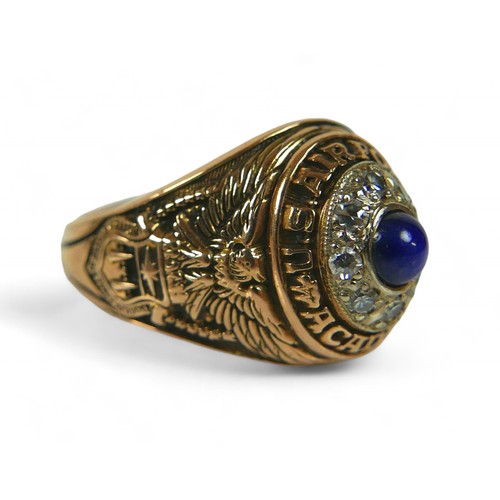 48 - A 14ct gold sapphire and diamond US Academy ring, central sapphire 3mm diameter, surrounded by eight... 