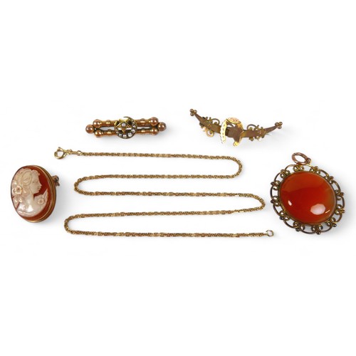 70 - A collection of gold jewellery, comprising a 9ct gold mounted cameo brooch/pendant, 4.8g, a 9ct gold... 