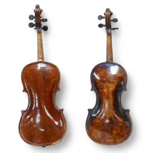 196 - Two 19th century continental violins, comprising one bearing a label 'Petrus Gyarnerius Filius Josep... 