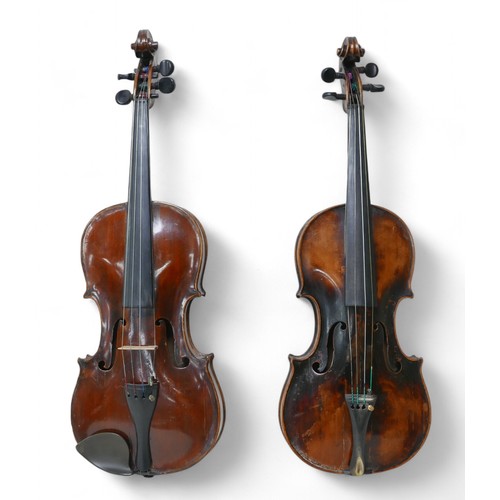 196 - Two 19th century continental violins, comprising one bearing a label 'Petrus Gyarnerius Filius Josep... 