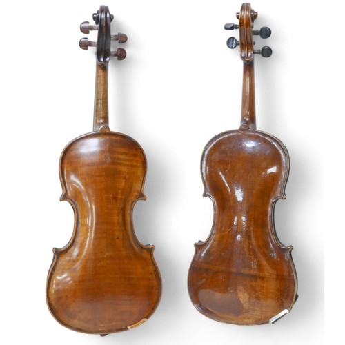 197 - Two 19th century continental violins, comprising one with label '..Nicolai Amati de Cremo fecit. Ann... 