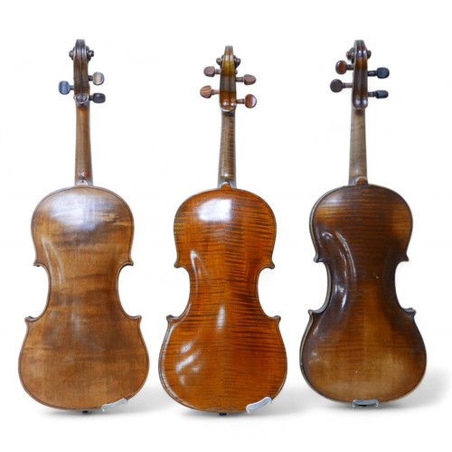 195 - Three 19th century and later continental violins, including one bearing label 'Joseph Rocca OR Premi... 