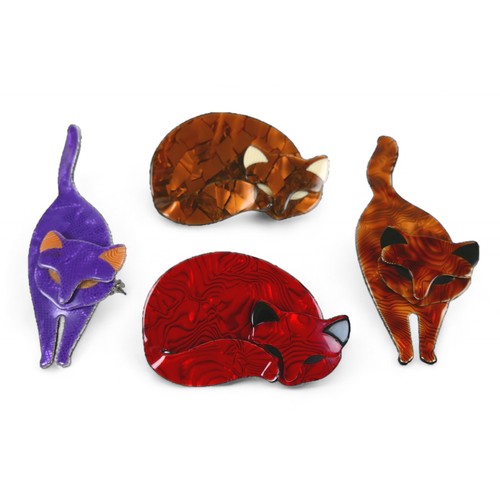 32 - A group four Lea Stein of Paris cat shaped brooches, largest 4.5 by 1.5 by 10cm high. (4)