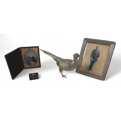 105 - A silver plated pheasant, silver mounted frame, georgian tortoiseshell box and a coloured photograph... 