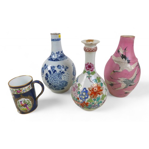 173 - Three oriental bottle vases, one with pink ground and cranes in flight, largest 15cm diameter 25cm h... 