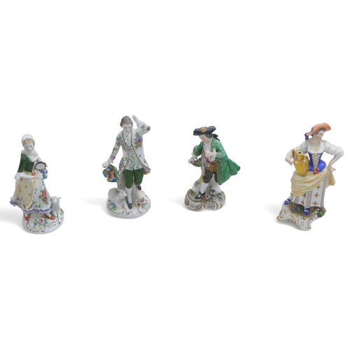 182 - Four continental figurines, comprising three Sitzendorf figurines, tallest a gentleman with one hand... 