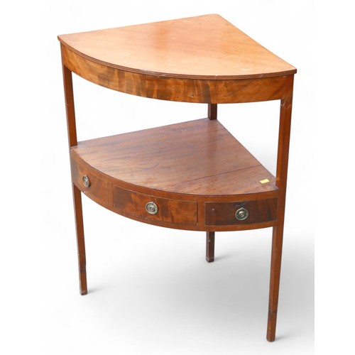 380 - A Georgian mahogany corner table, with single drawer with ring brass handles, single shelf below.